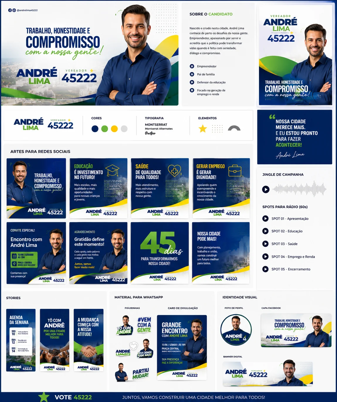Campanha completa com santinho, redes sociais, stories, WhatsApp e identidade visual