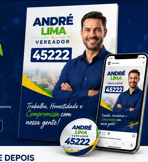 Mockup de campanha política com santinho, rede social e adesivo